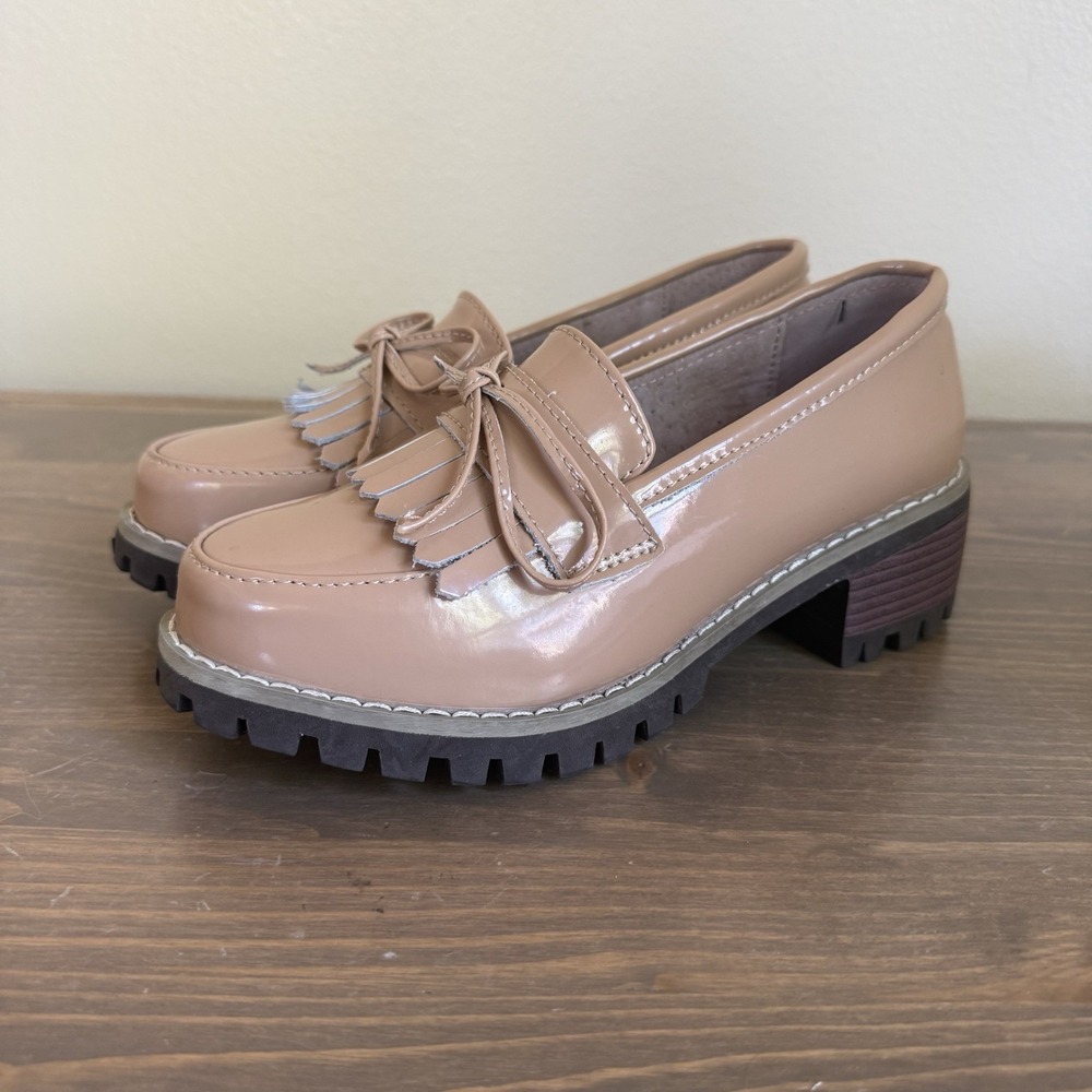 Dadawen Women's 38 Tan Beige Tassel Slip-On Platform Mid-Heel Square Toe Oxfords